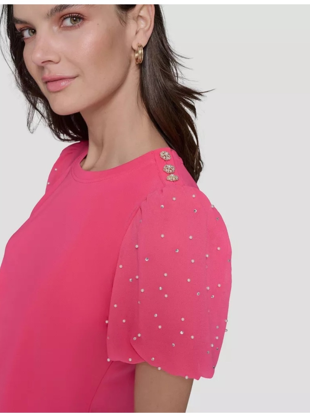 Karl Lagerfeld Shirt women size L Bright Pink Pearl-Studded Puff Sleeve Top